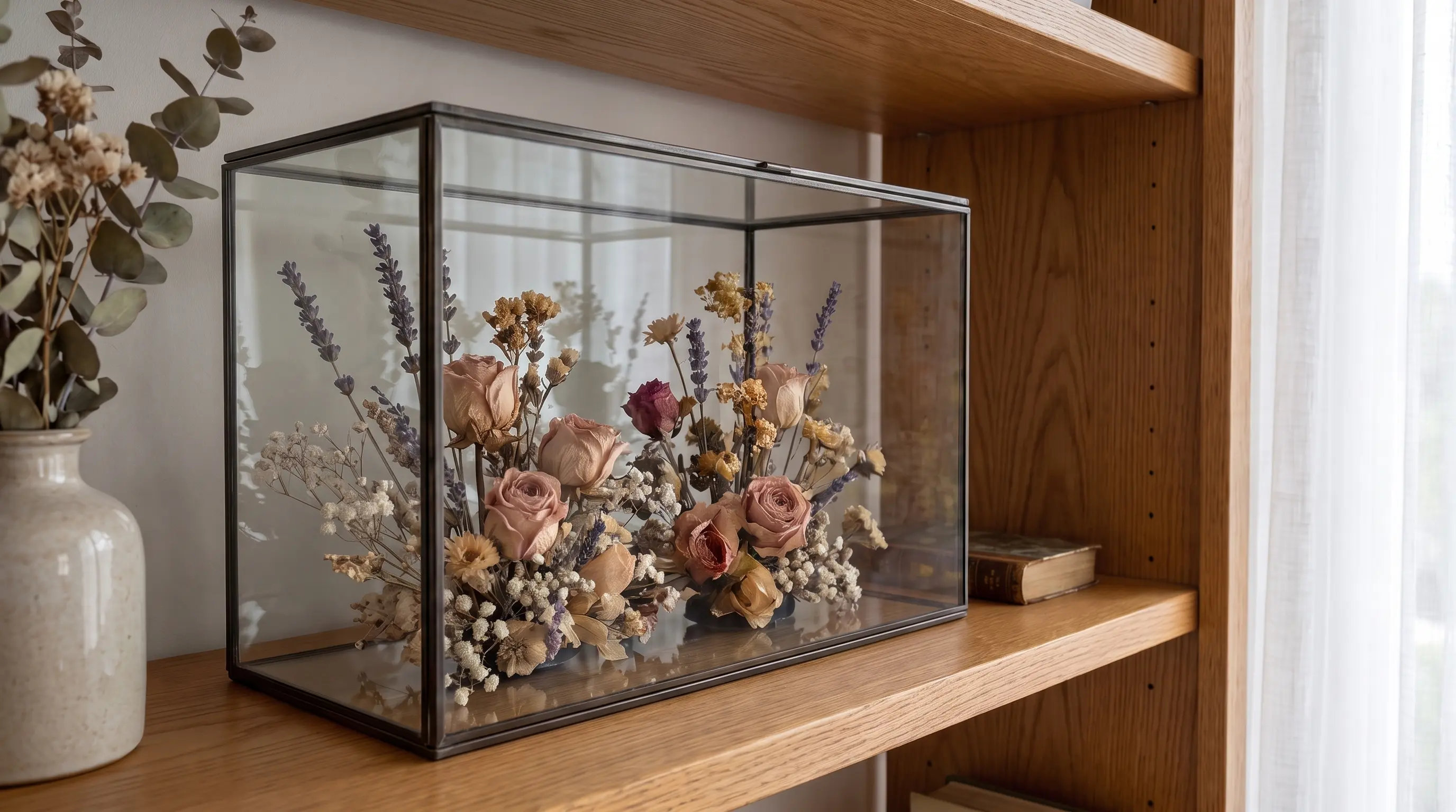 Preserved dried flowers safely stored in a glass display case away from sunlight and moisture