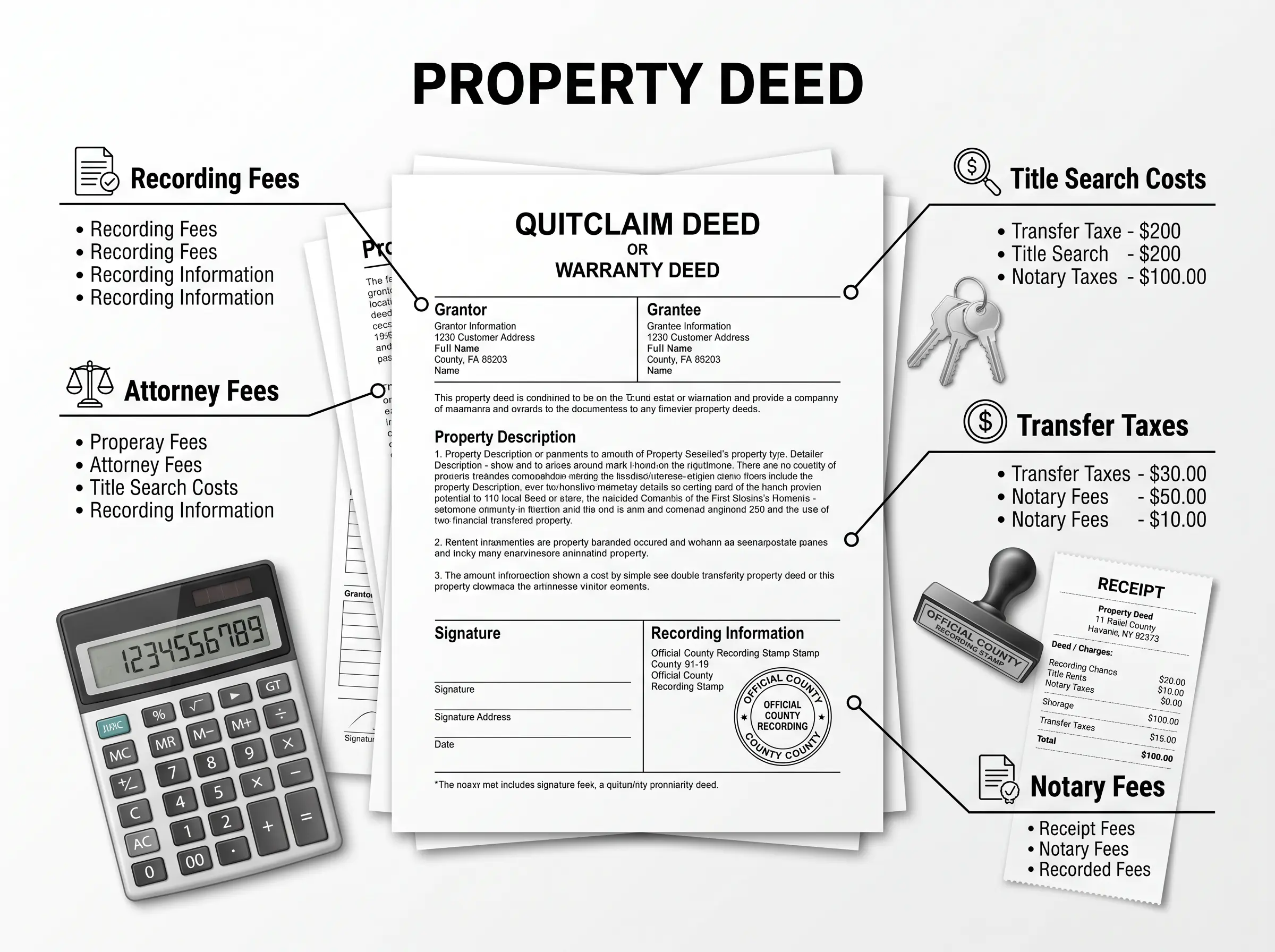 Property deed transfer costs infographic showing document fees, recording charges, attorney costs, and related expenses.