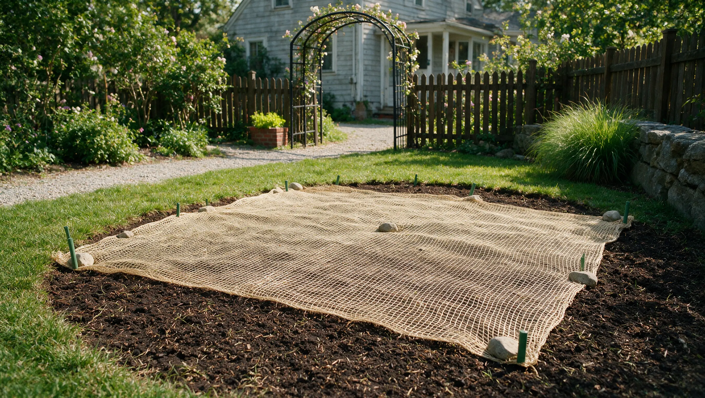 Protective netting secured over newly seeded lawn soil to keep birds and animals away