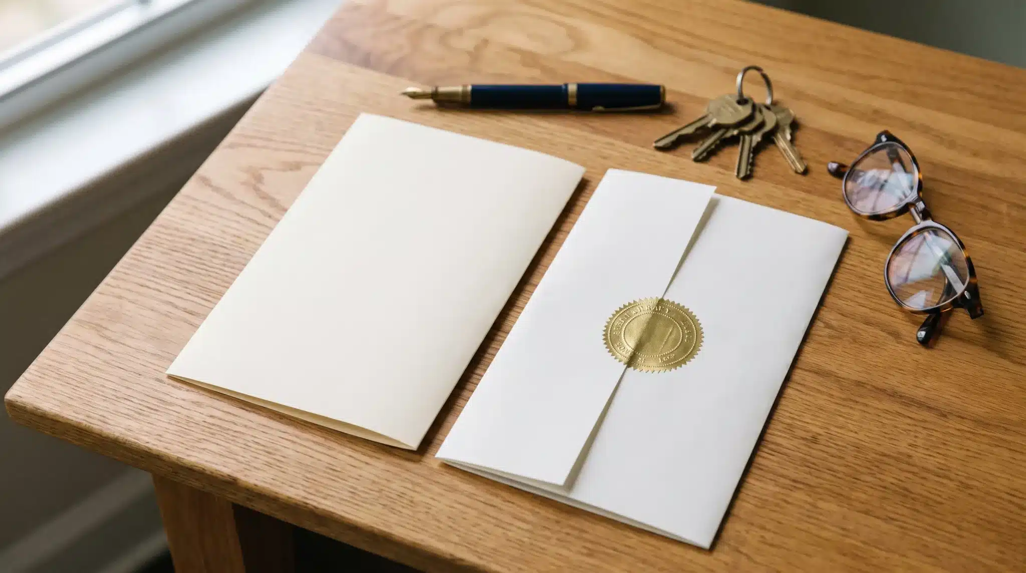 A quitclaim deed and a warranty deed laid side by side on a desk with notary seal and house keys