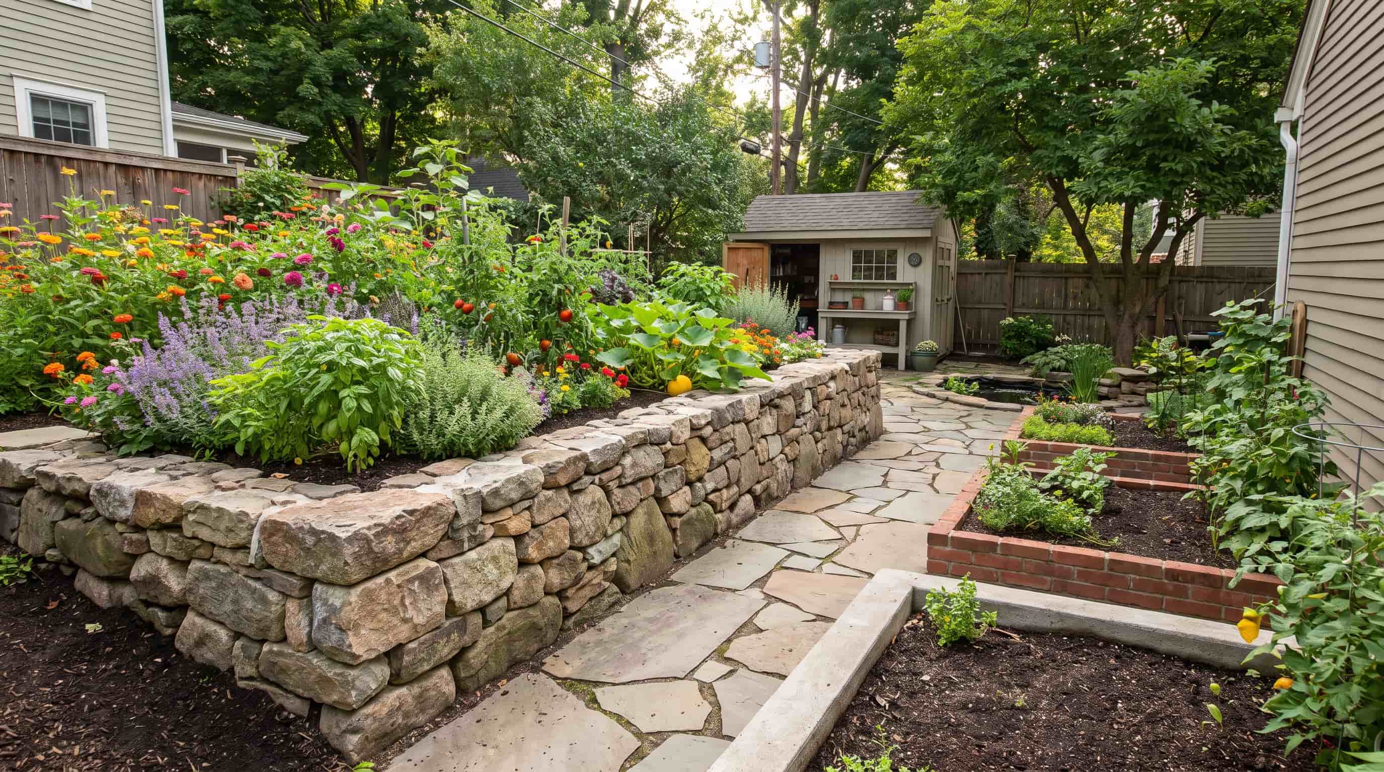Raised garden bed retaining wall with flowers, herbs, and greenery in a backyard landscape.