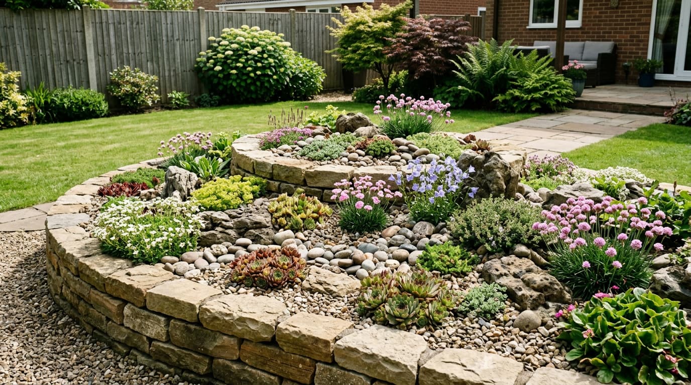 Raised backyard rock garden bed with stone borders, gravel layers, and alpine plants growing between rocks.