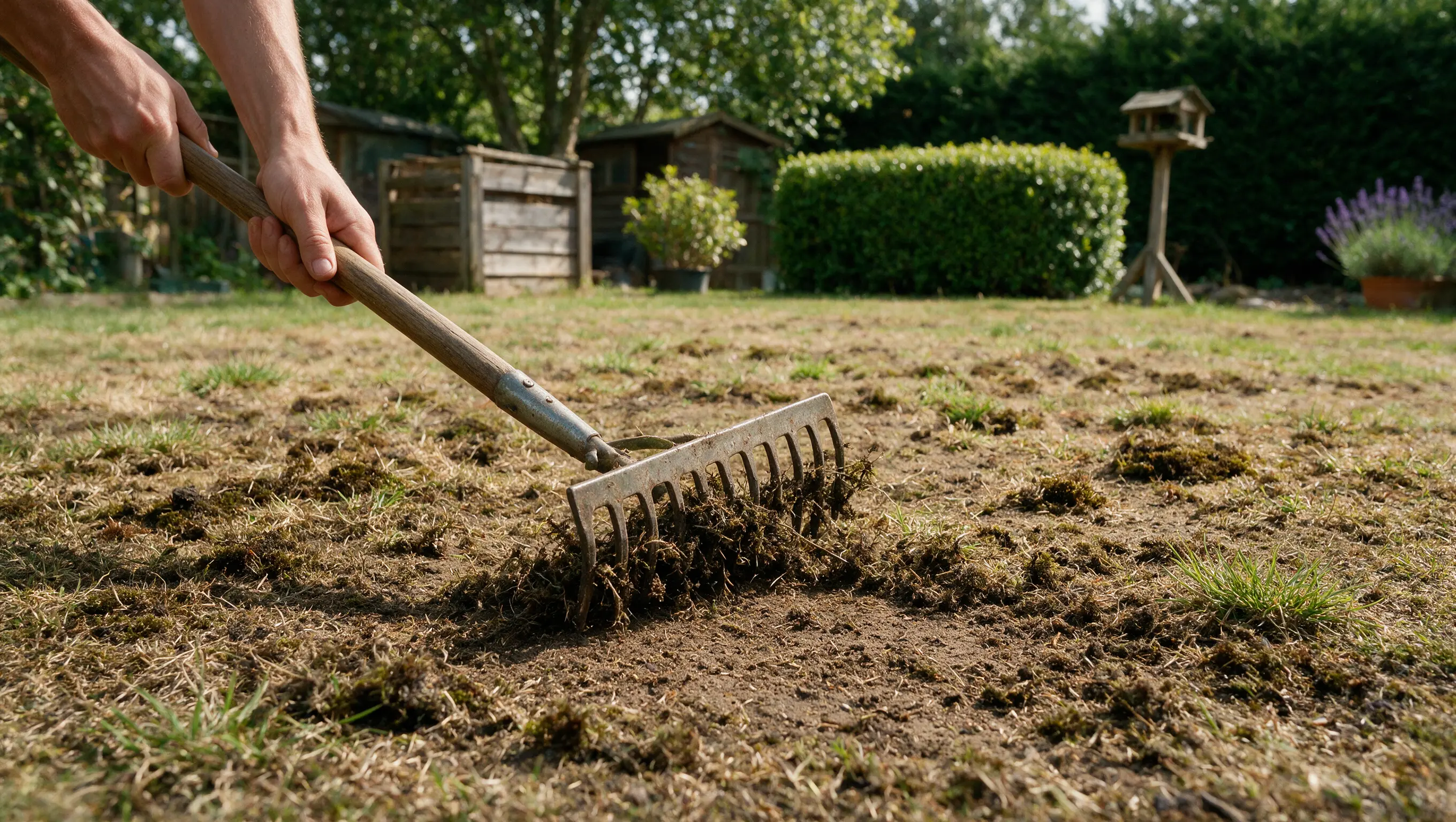 Rake clearing moss and dead grass from a bare, patchy lawn after scarifying.