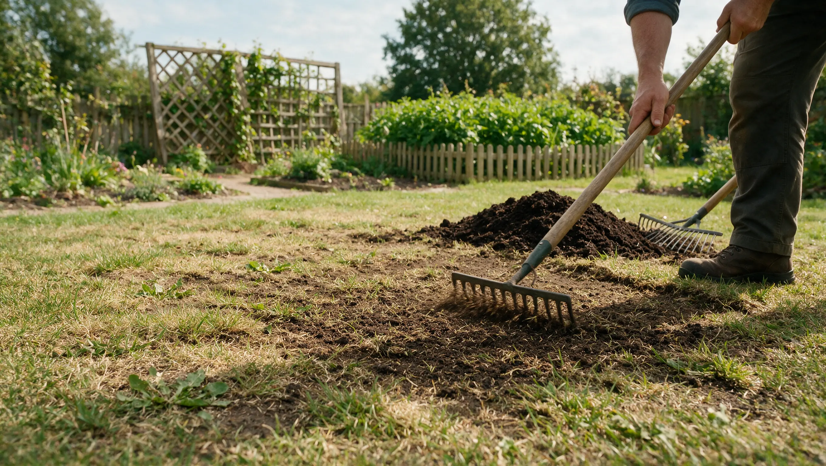 Rake spreading fresh topsoil over a bare patch of lawn before reseeding.