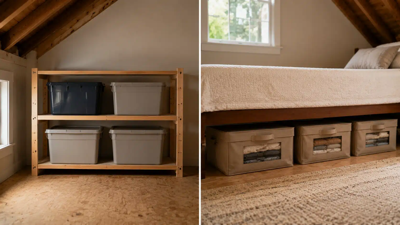 Organized storage bins on shelves and under furniture showing clutter reduction to prevent spider hiding spots.