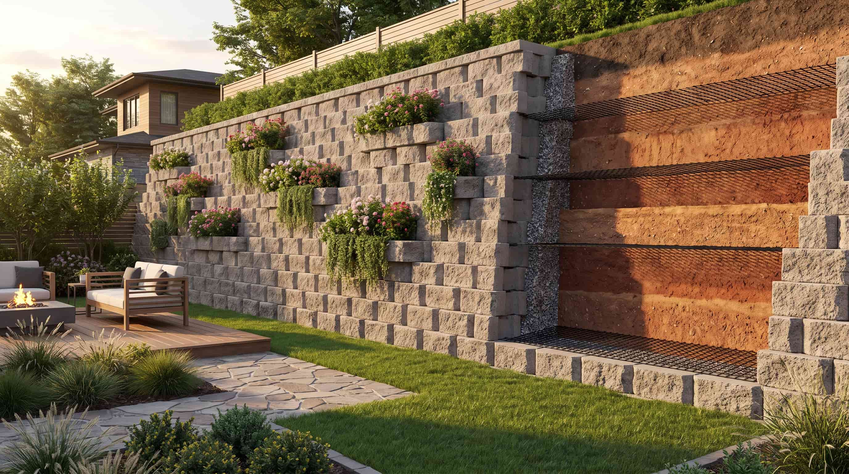 Reinforced Soil Retaining Wall in a Landscaped Backyard