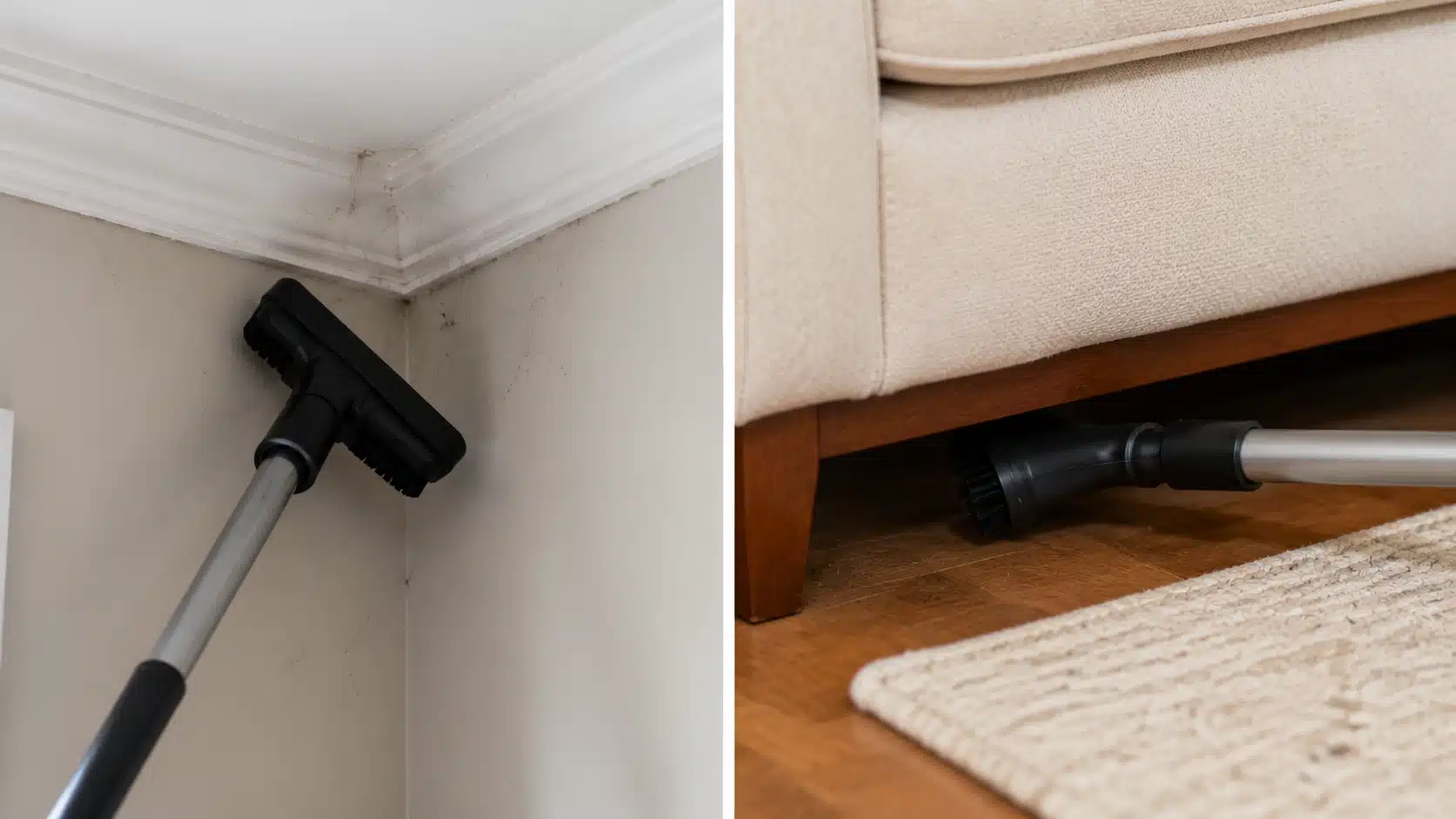 Vacuum cleaner removing spider webs from ceiling corners and under furniture in a clean home interior.