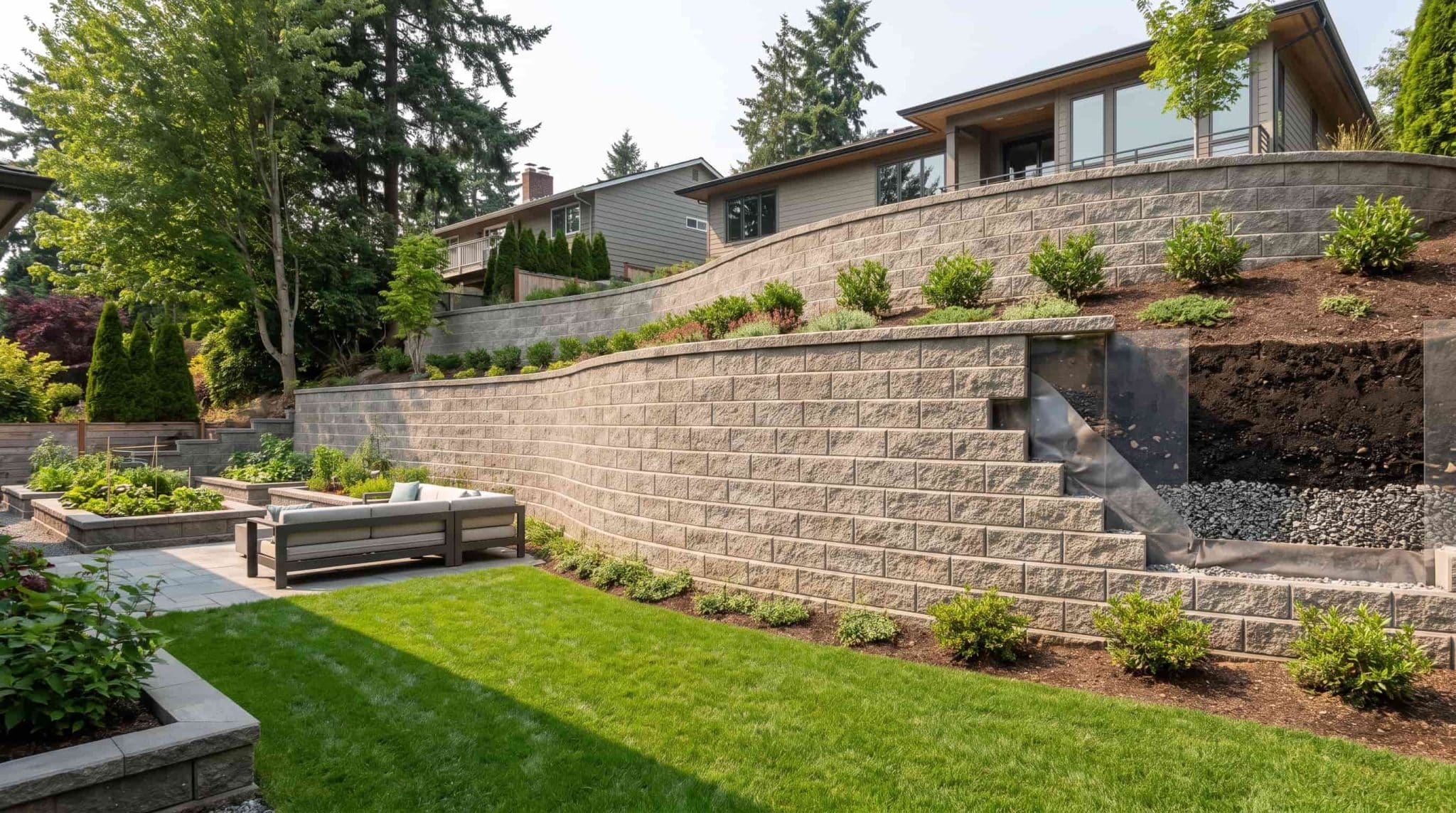 Retaining walls used across a landscaped sloped backyard.
