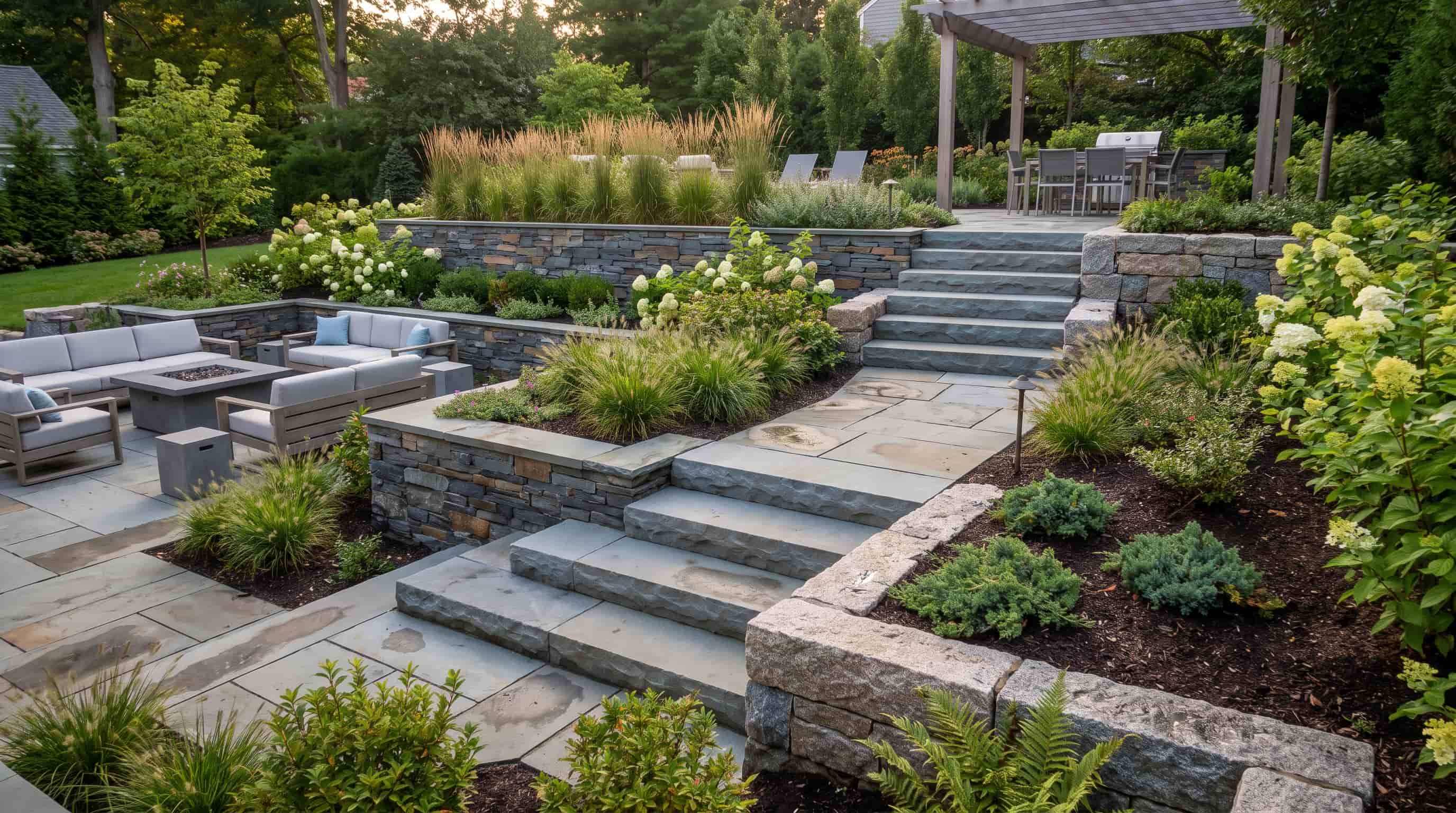 Multi-level backyard retaining walls with steps connecting landscaped areas for easy movement and flow.