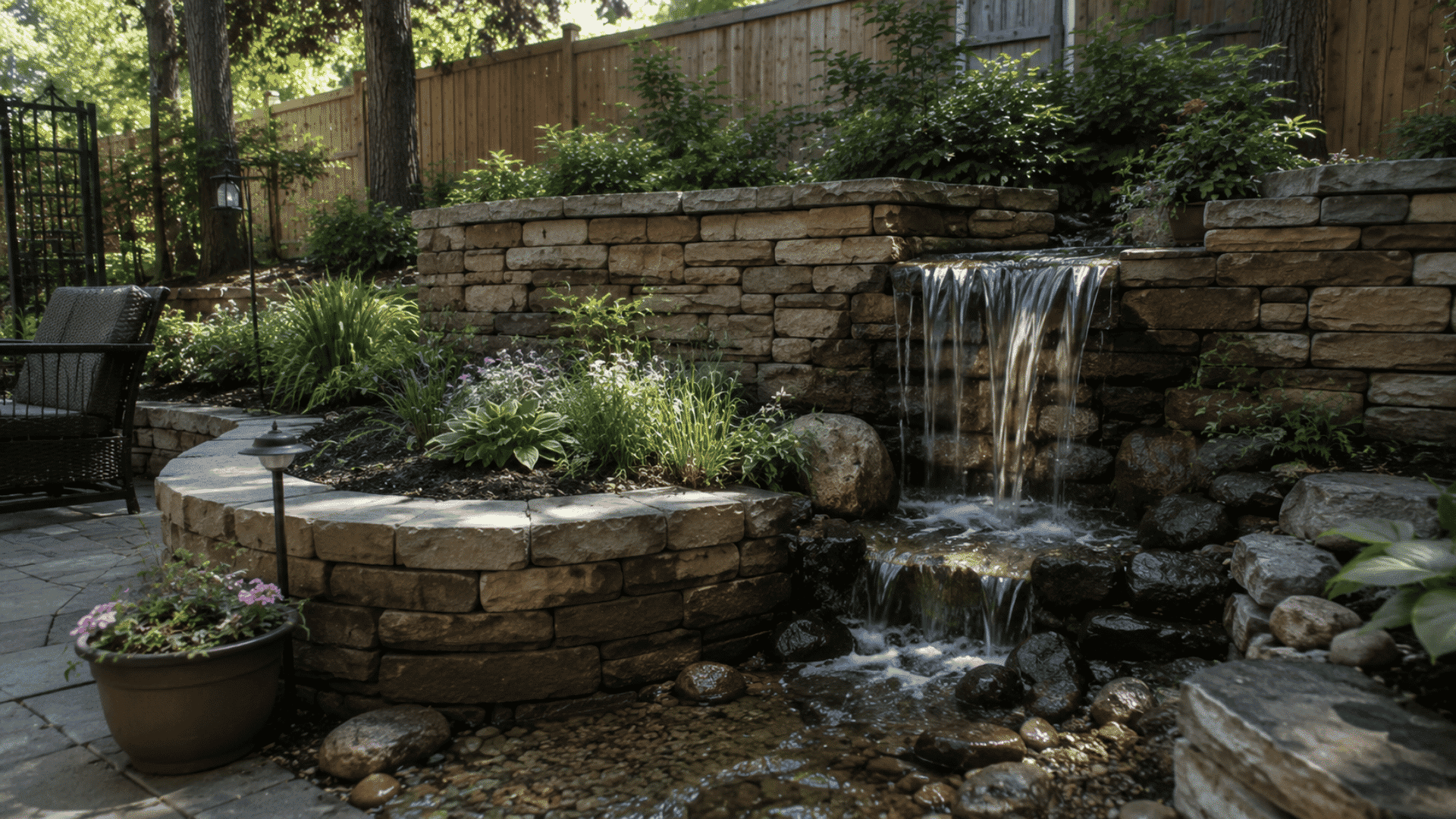 Natural stone retaining wall with a backyard waterfall, rocky stream, garden plants, patio seating, and wooden fence