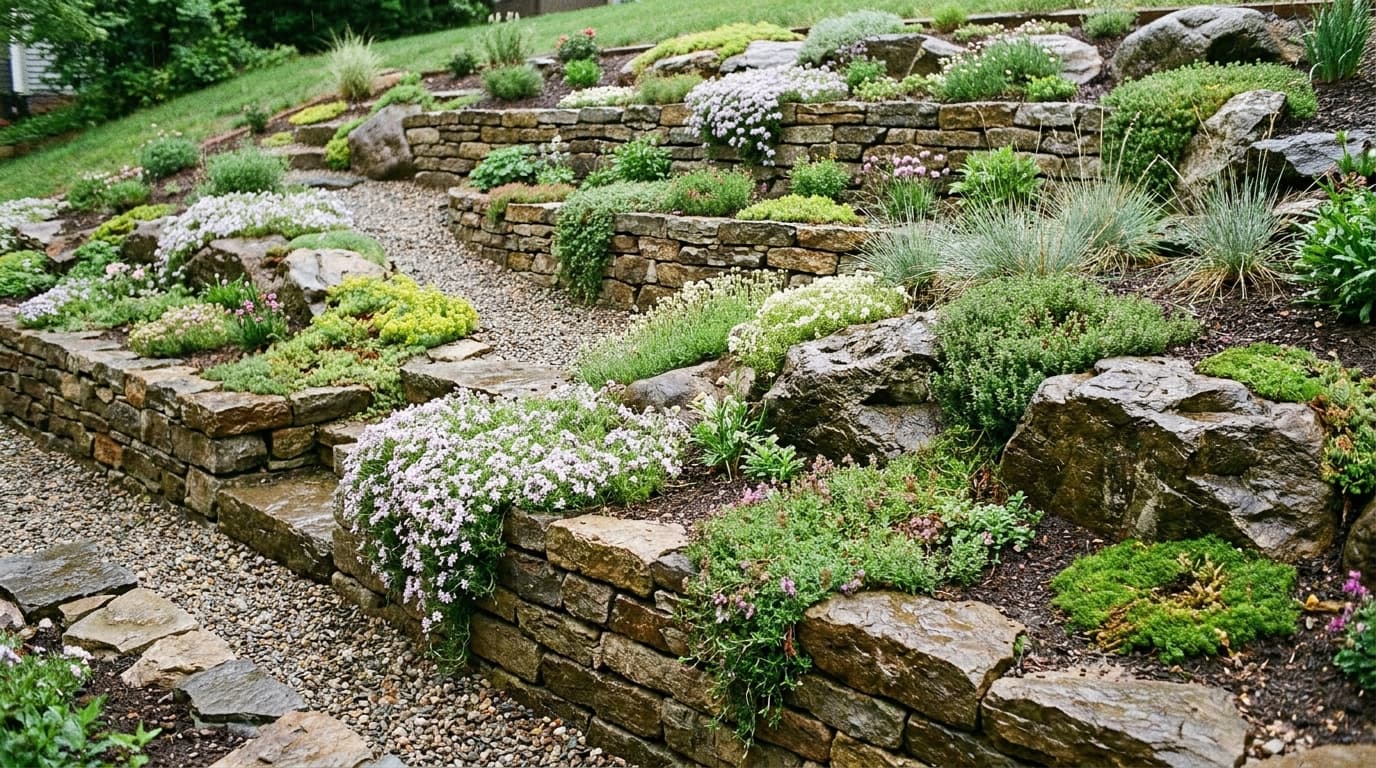 Sloped backyard rock garden with stone terraces, layered rocks, and plants helping prevent soil erosion.
