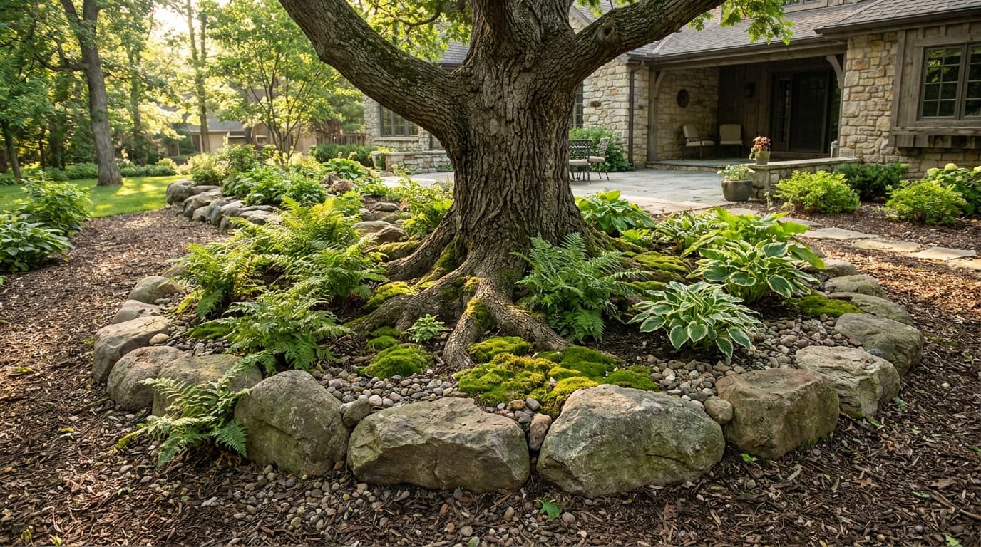 Backyard rock garden surrounding a mature tree with natural stones, moss, ferns, and shade-loving plants.
