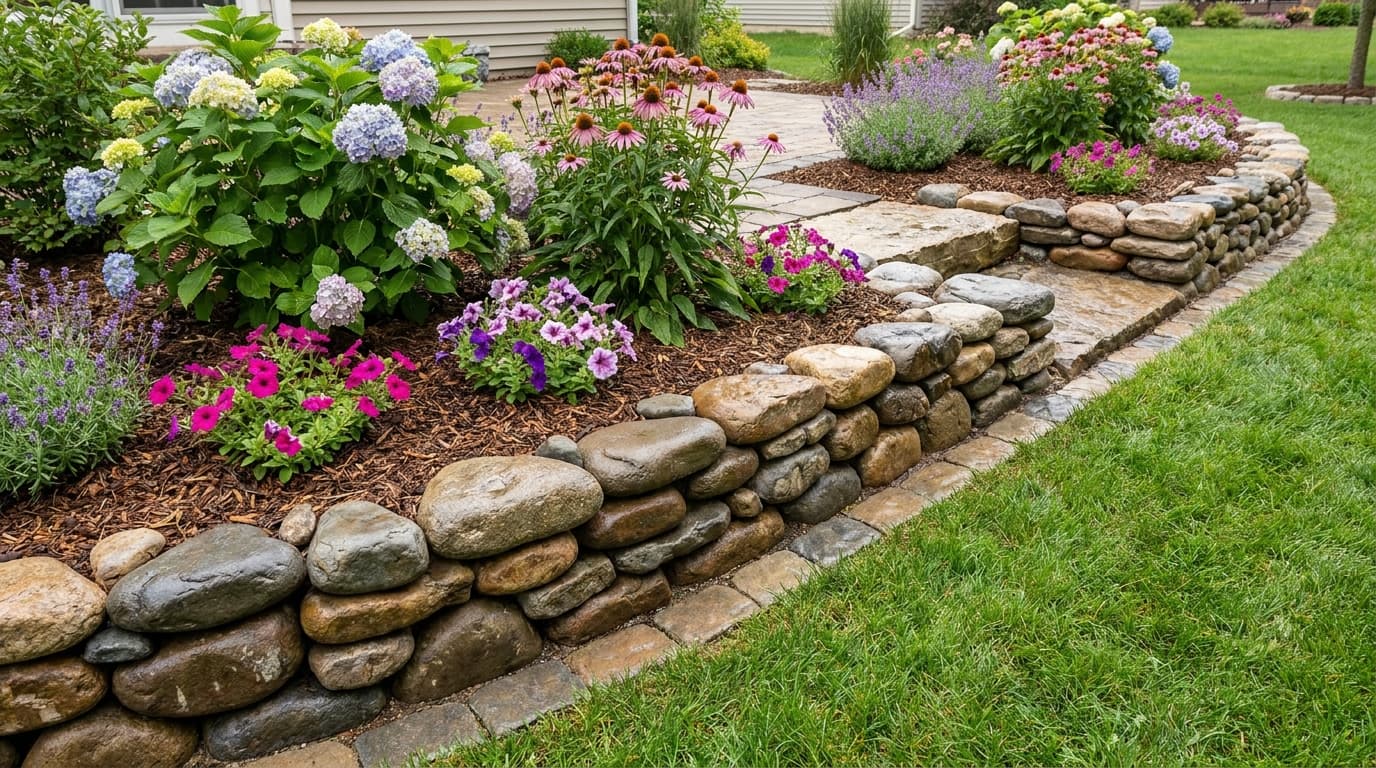 Rock garden border with river stones framing colorful flowers and creating a neat backyard flower bed edge.