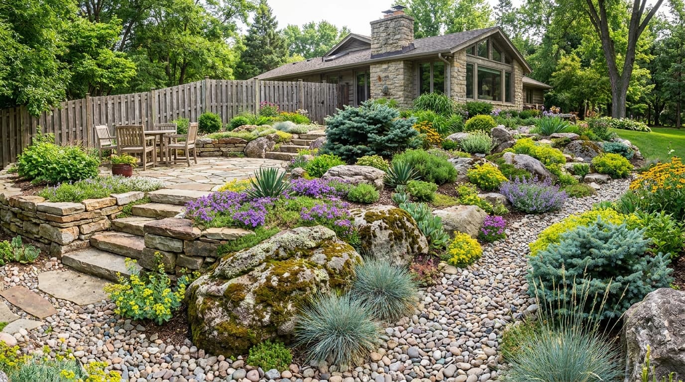 Backyard rock garden with natural boulders, gravel, flowering plants, grasses, and lush greenery around a home.