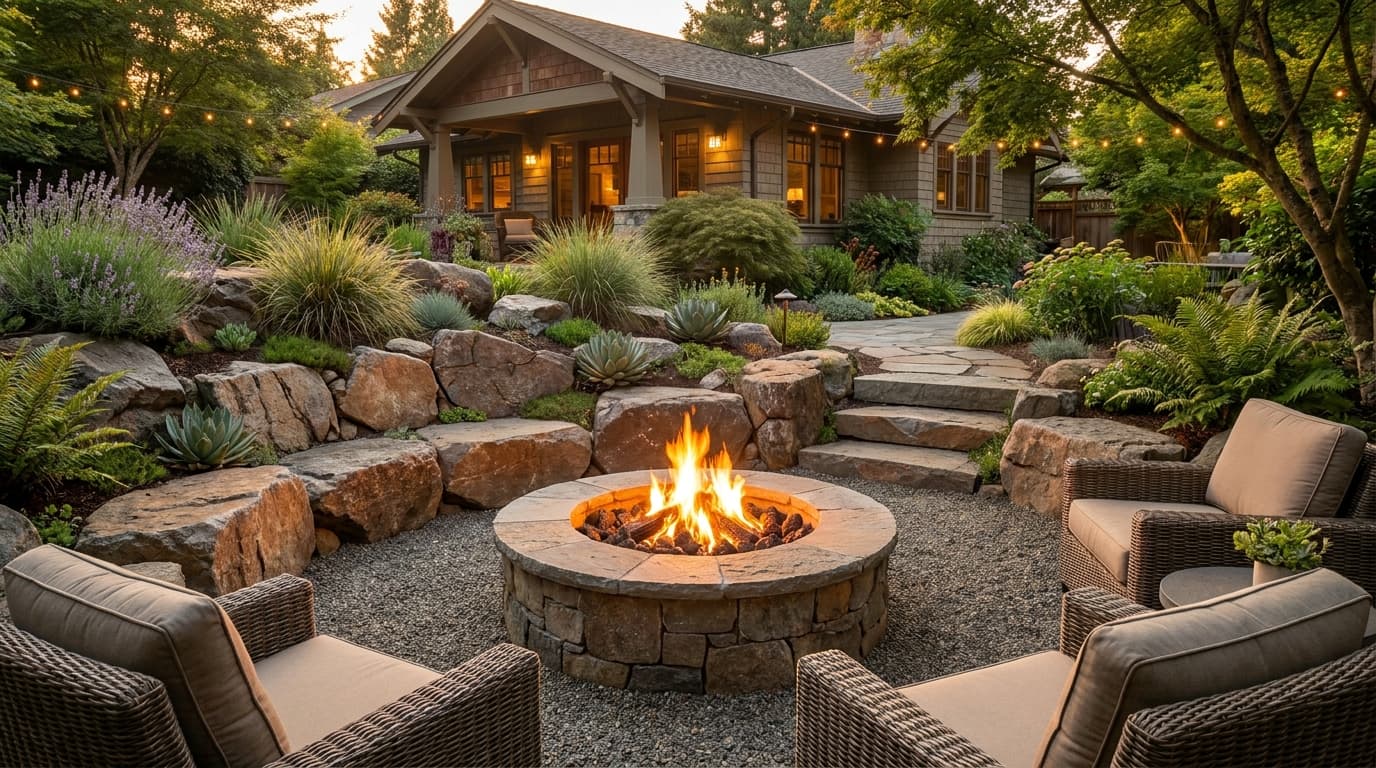 Backyard fire pit surrounded by rocks, gravel, boulders, and greenery creating an outdoor gathering space.