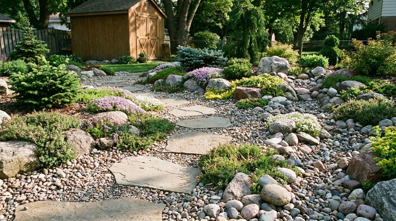 Backyard rock garden pathway with stepping stones, gravel, and low-growing plants along the walkway.