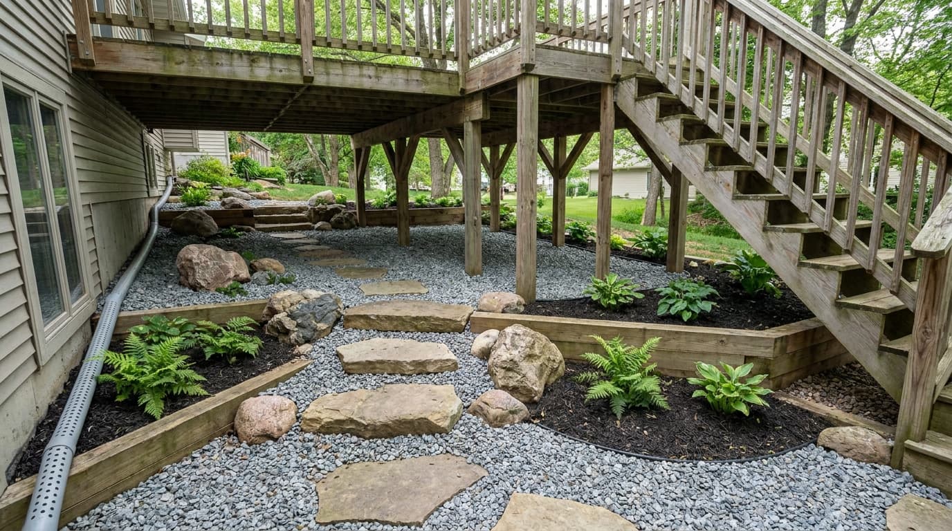 Rock garden under a backyard deck with gravel, stepping stones, and shade-loving plants.
