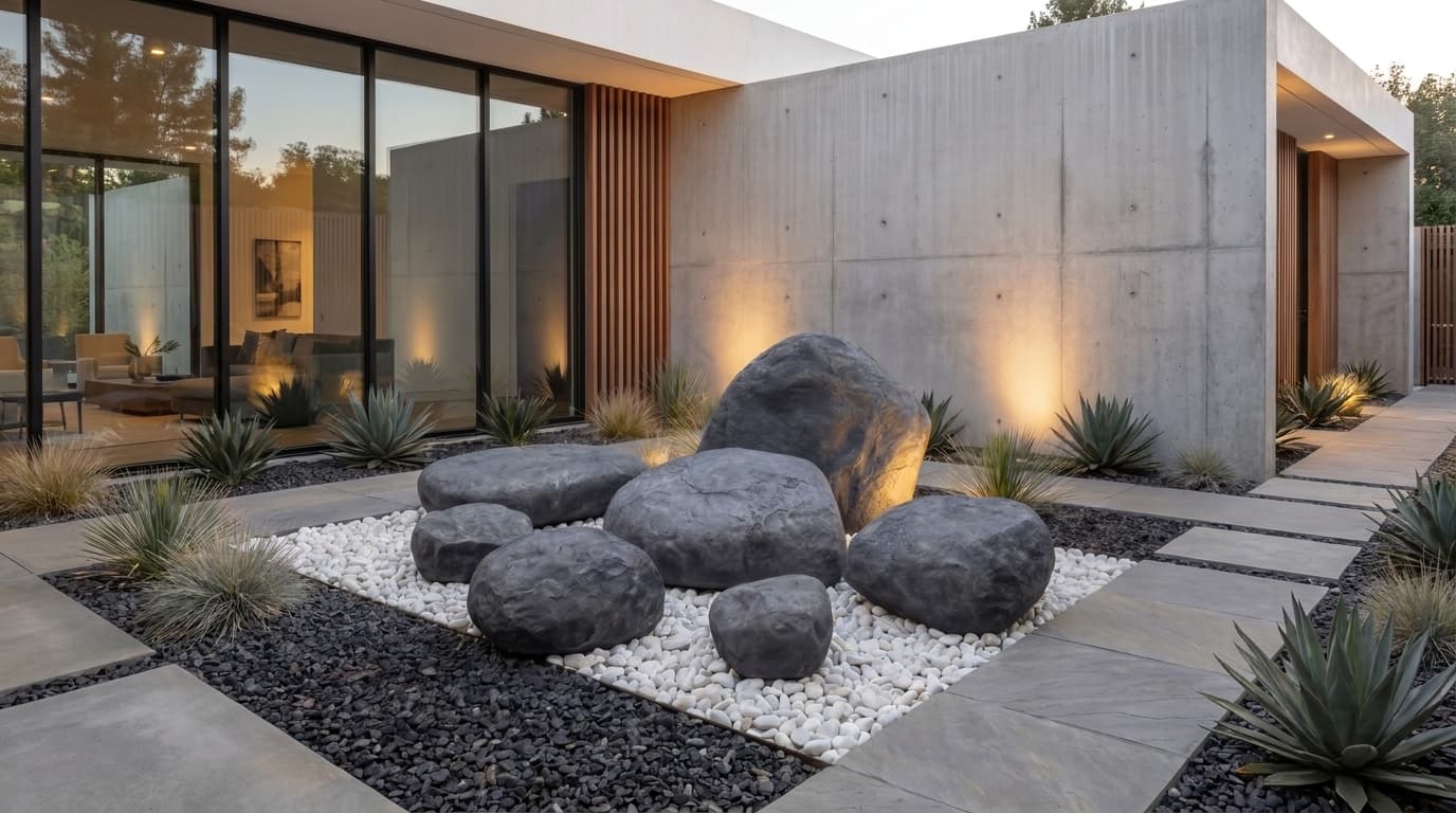 Modern rock garden with dark boulders, white gravel, agave plants, and a concrete house backdrop.