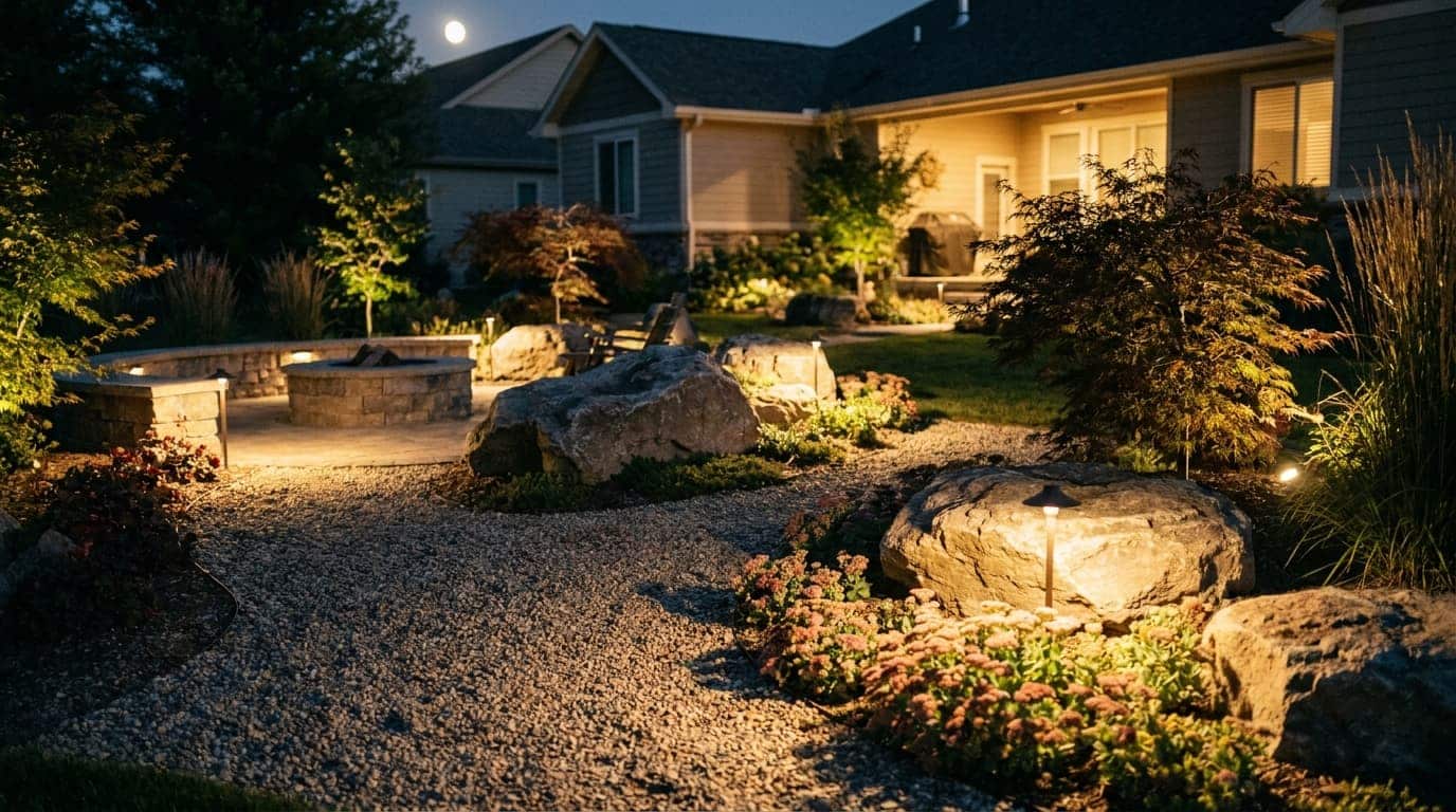 Nighttime backyard rock garden with warm landscape lighting highlighting rocks, plants, and gravel paths.