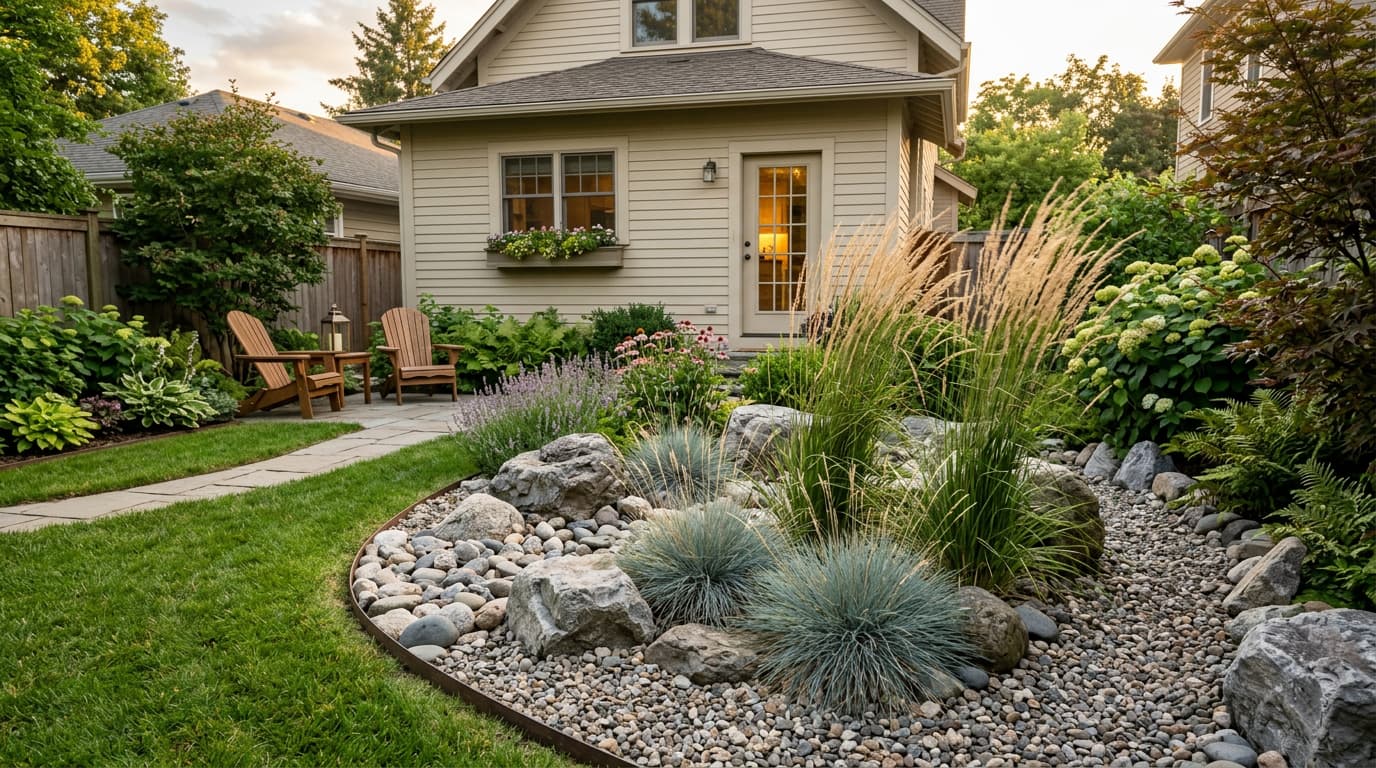 Small backyard rock garden with ornamental grasses, natural boulders, and greenery beside a house.