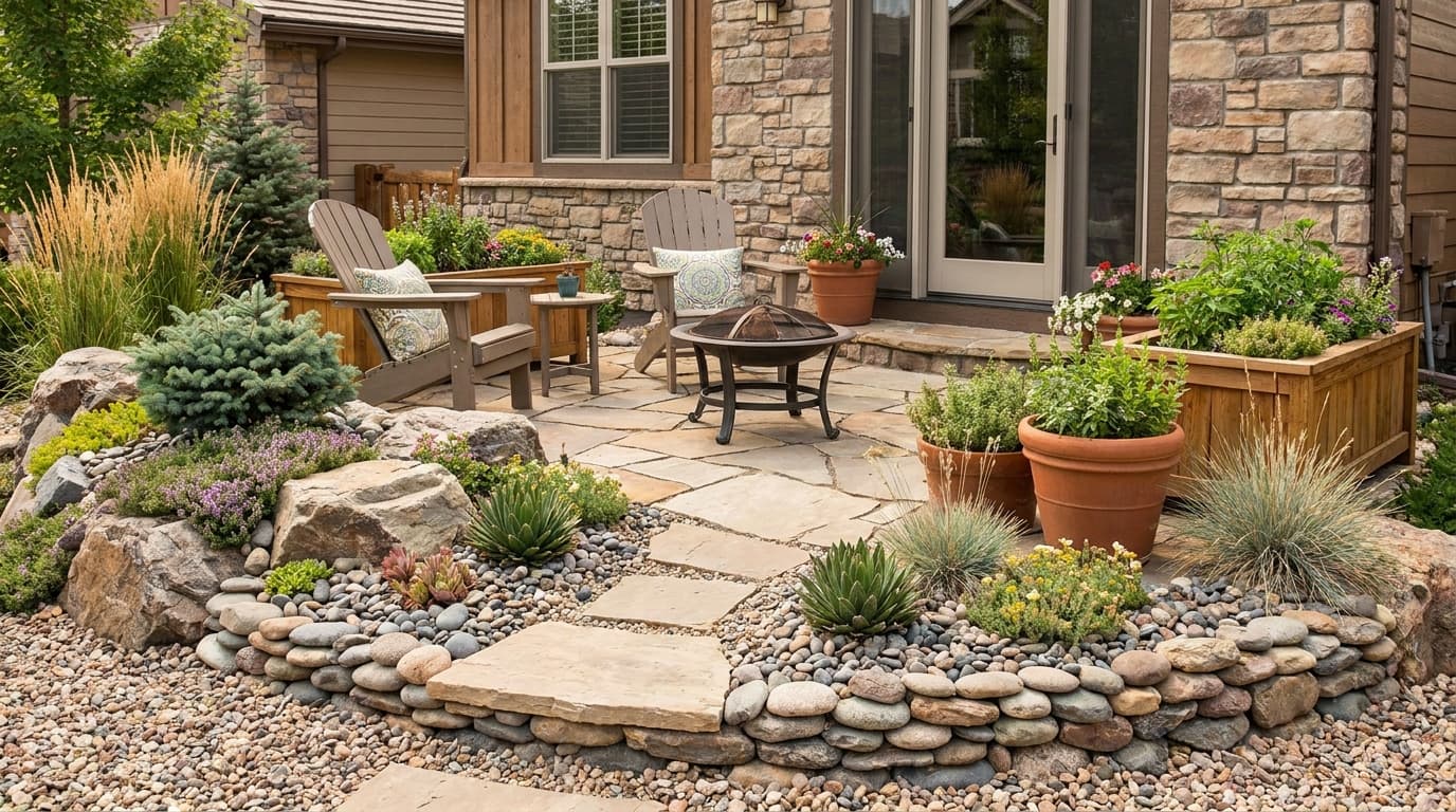Backyard patio surrounded by a rock garden with gravel, plants, stones, and outdoor seating.