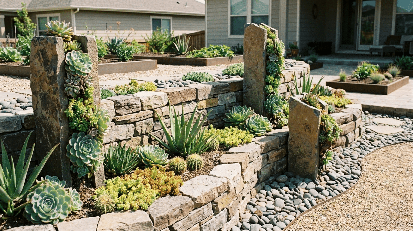 Backyard succulent rock wall garden with layered stones, gravel, and drought-tolerant plants.