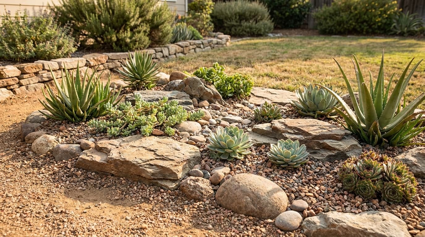 Backyard succulent rock garden featuring drought-tolerant plants growing between gravel and natural stones.