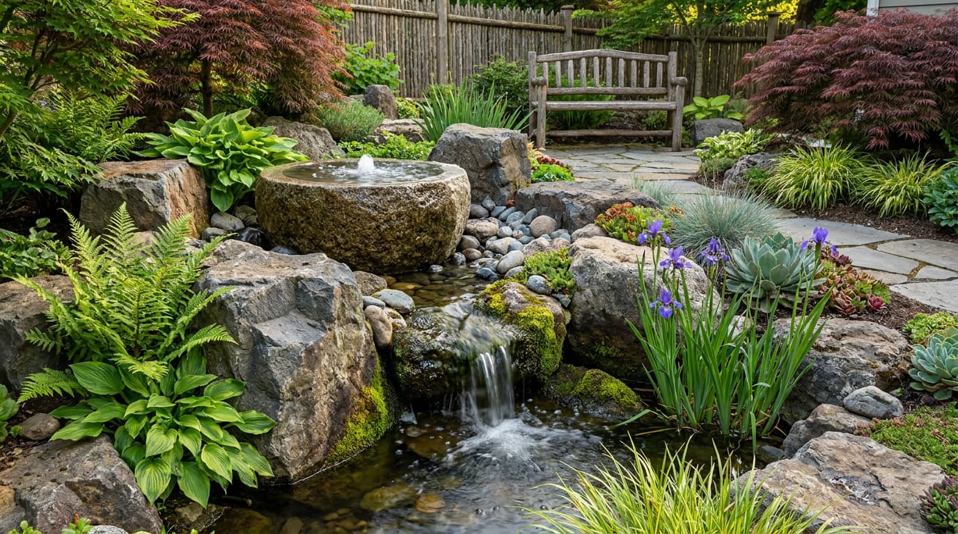 Backyard rock garden with a natural stone water feature surrounded by plants and decorative boulders.