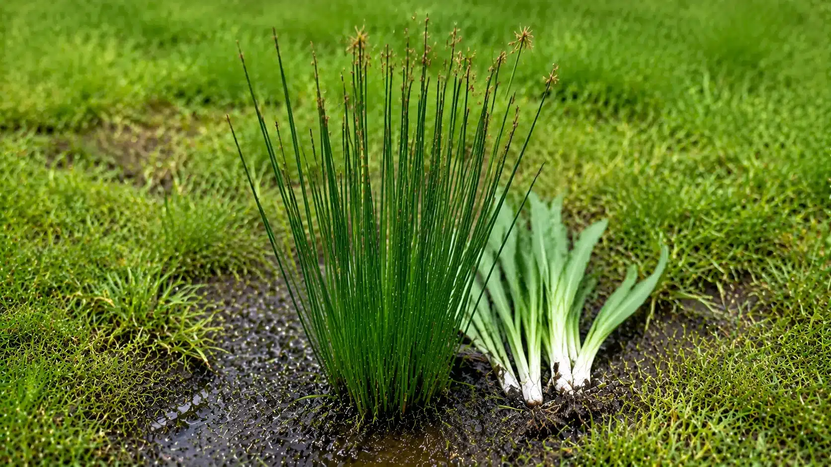 Close-up of rush and bulb weeds with thin stems growing in damp soil beside lawn grass.