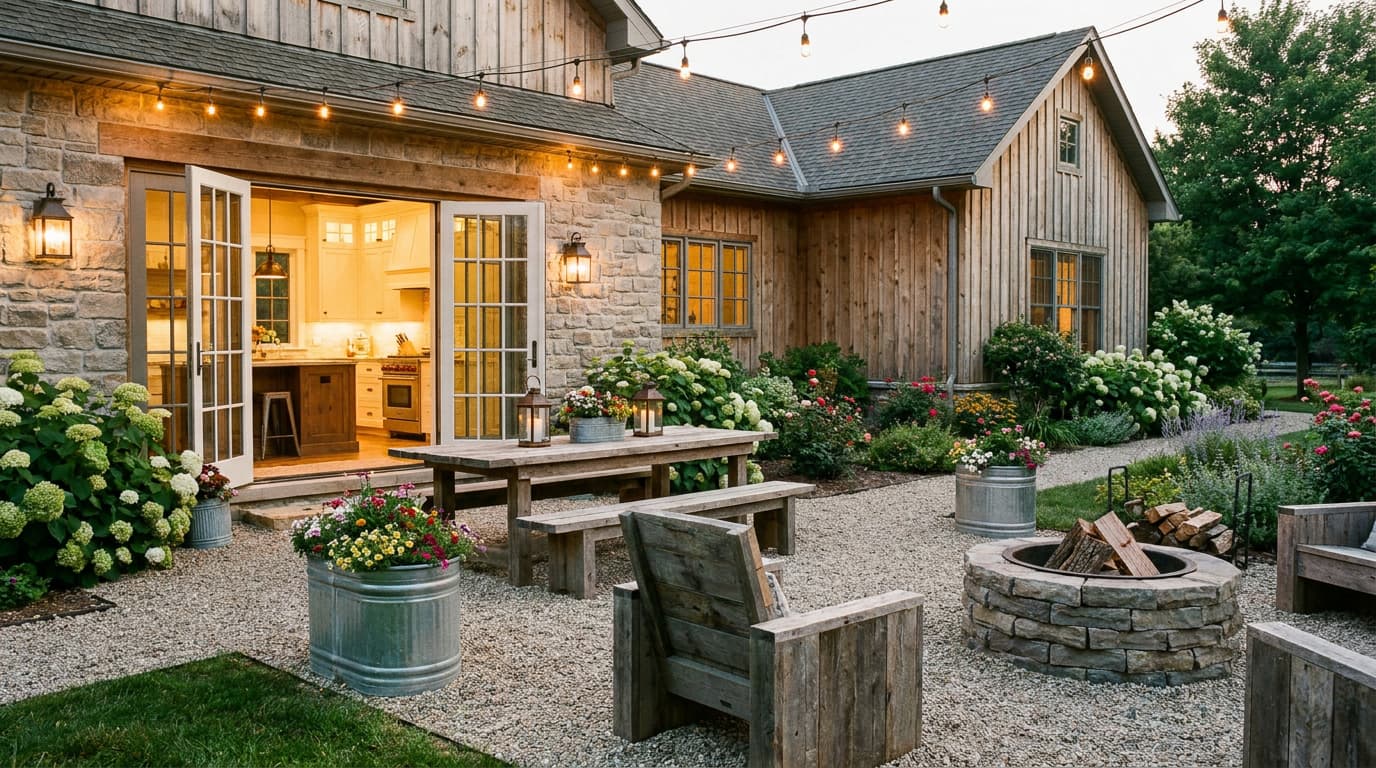 Rustic farmhouse pea gravel patio with wooden furniture, lanterns, and cozy outdoor decor