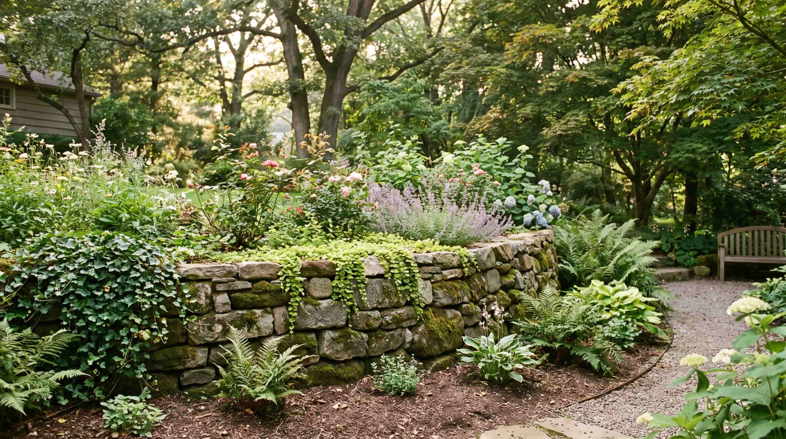 Rustic stone retaining wall with plants, flowers, and greenery in a natural cottage-style backyard landscape.