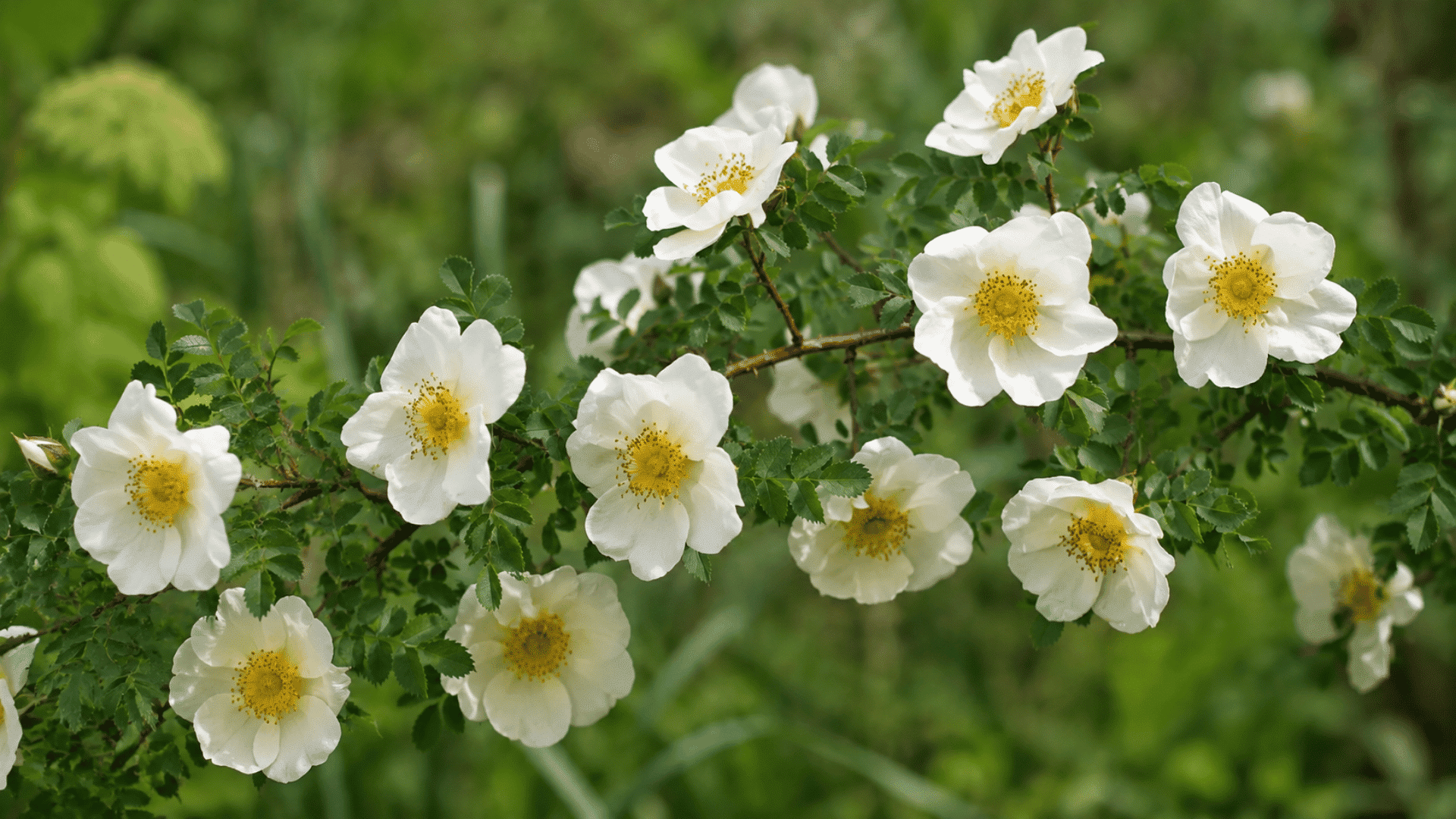 Scots Burnet Rose with creamy white flowers, bright yellow centers, and green serrated leaves growing on a thorny branch outdoors.