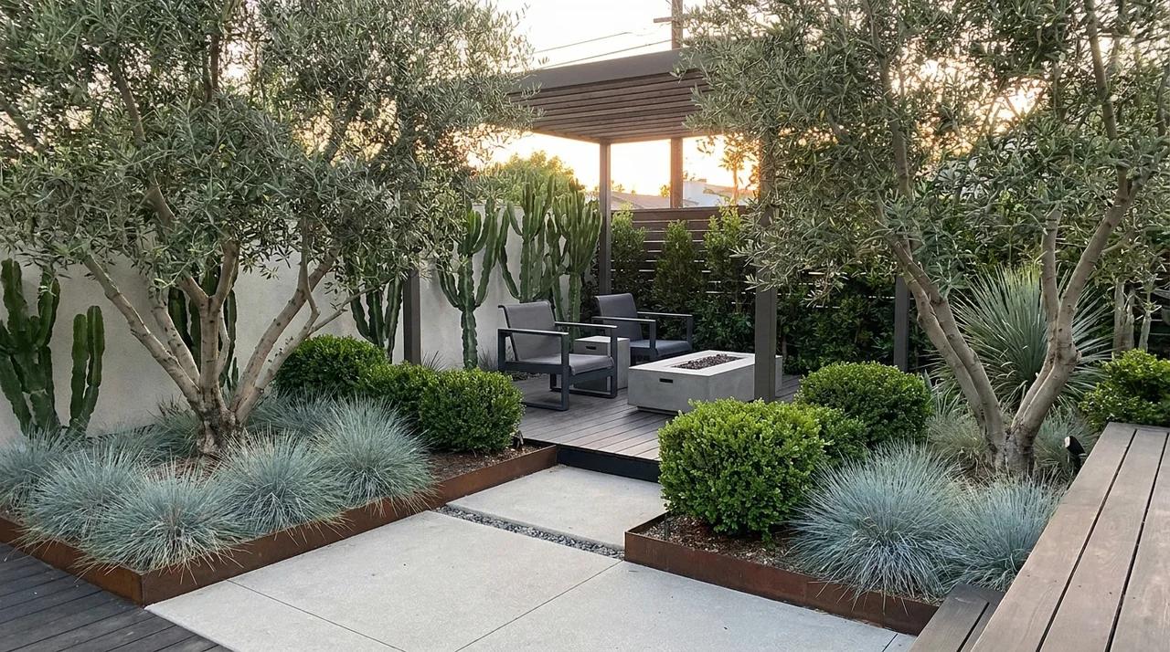 Modern backyard featuring ornamental grasses and sculptural plants.