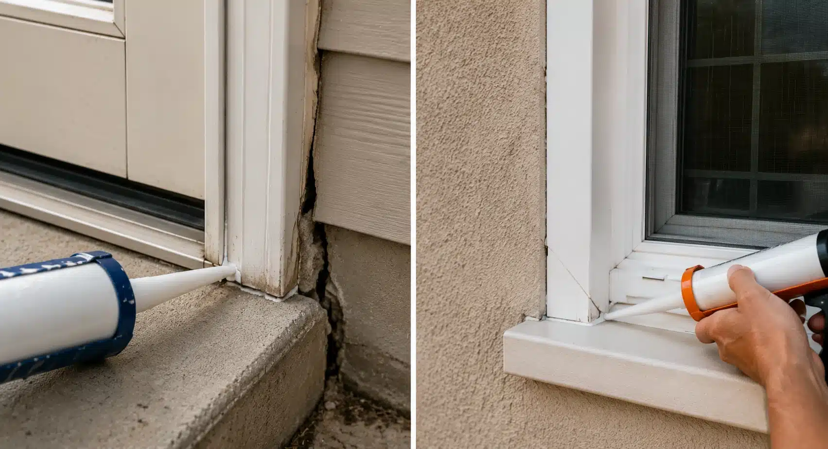 Caulking gaps around doors and windows to seal spider entry points in a residential home.