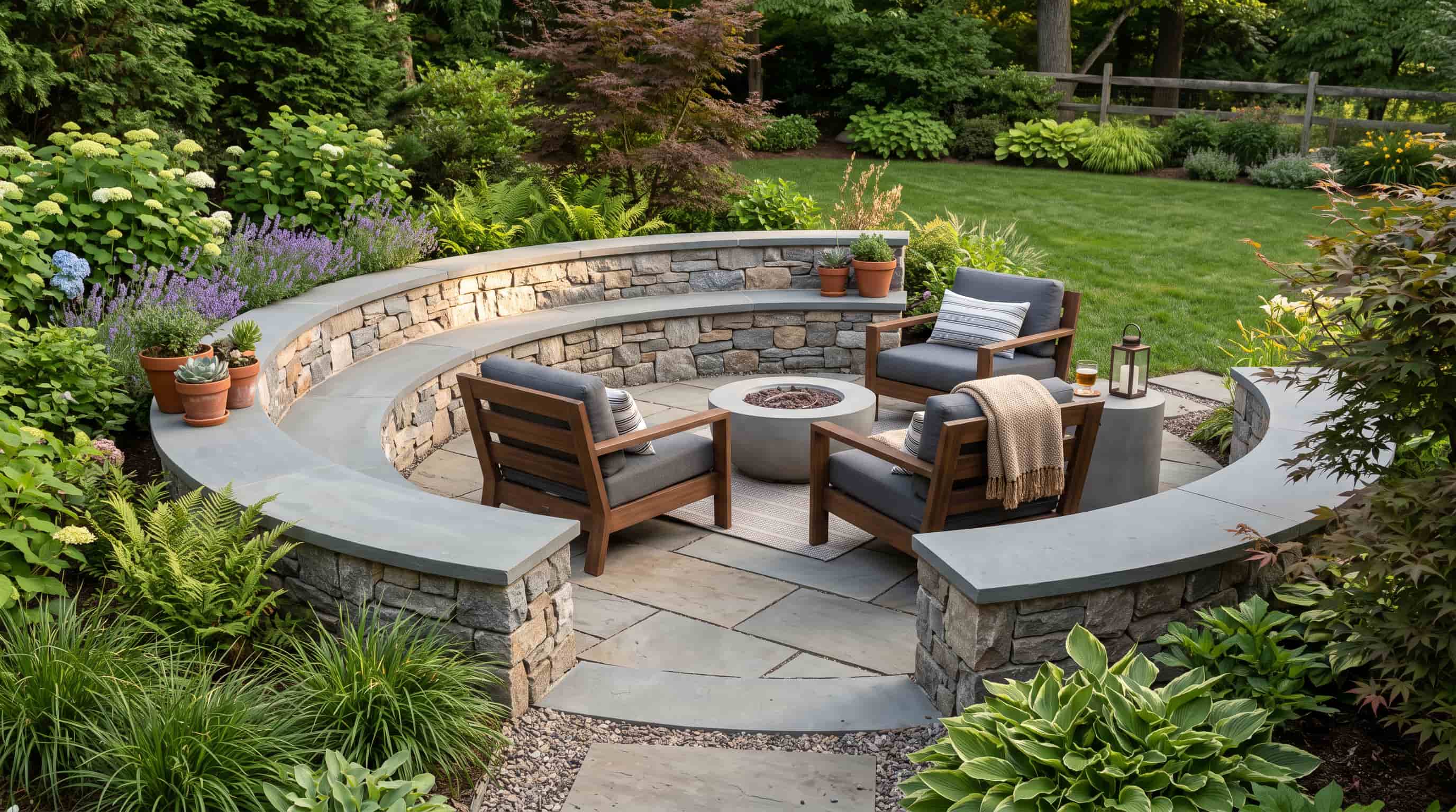 Seating retaining wall around a patio with built-in bench space and landscaped outdoor area.