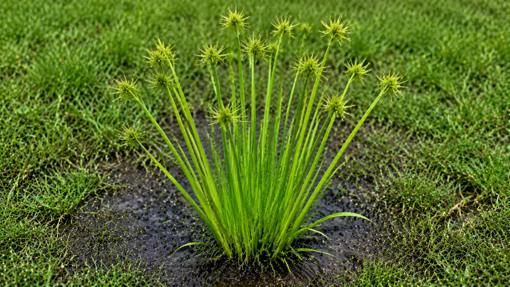 Close-up of a sedge weed with upright green stems and star-shaped seedheads growing in wet soil.