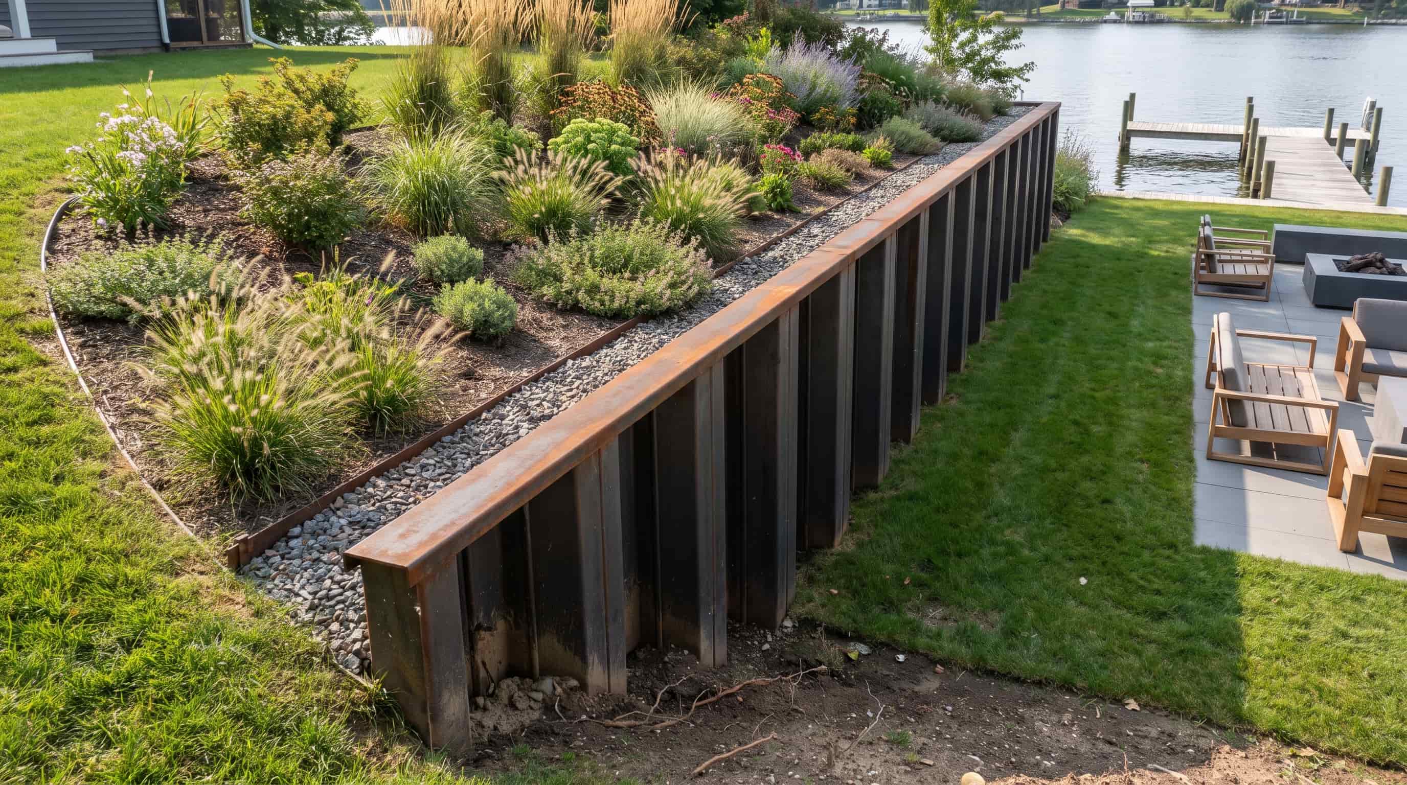 Sheet Pile Retaining Wall in a Backyard Landscape