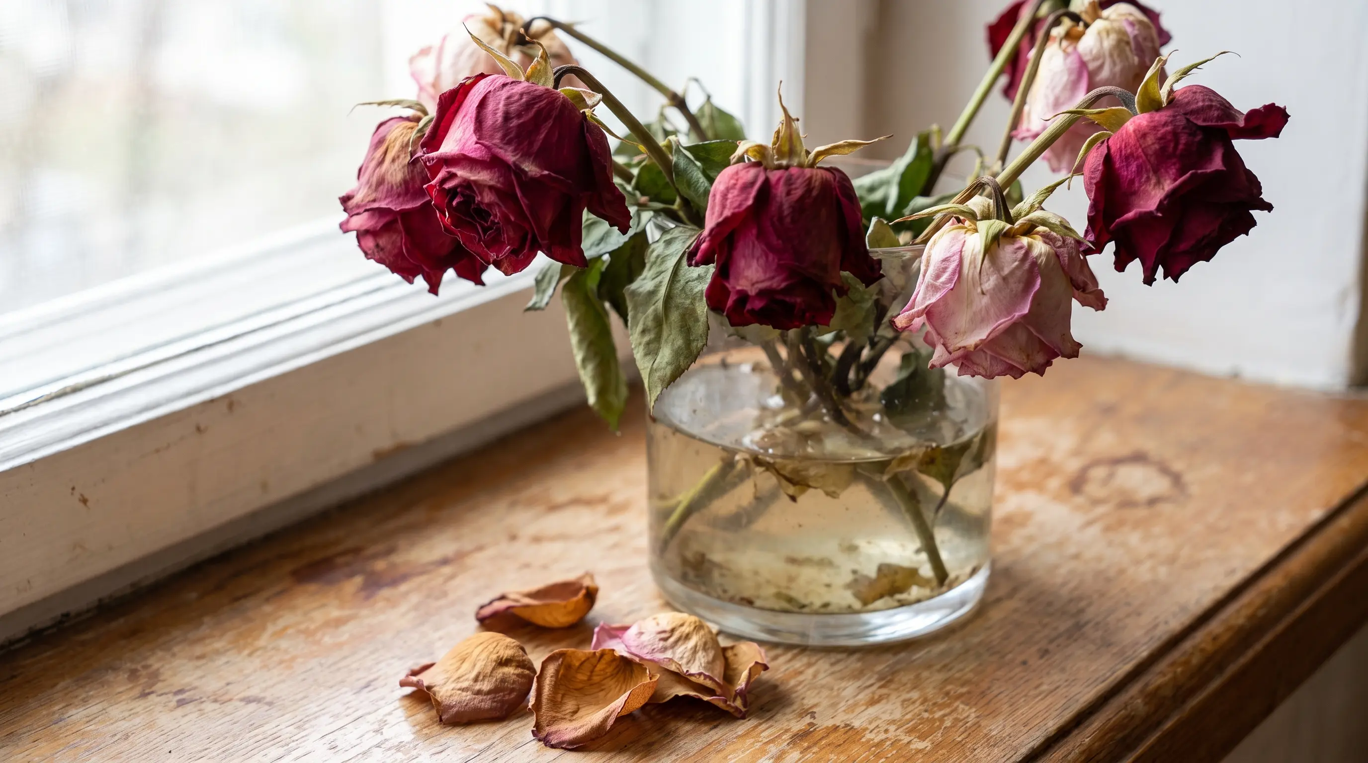 Wilted flowers showing drooping petals and cloudy vase water
