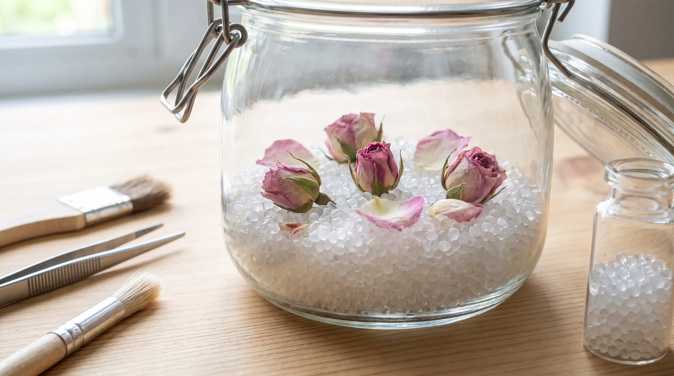 Flowers being preserved with silica gel in a clear container