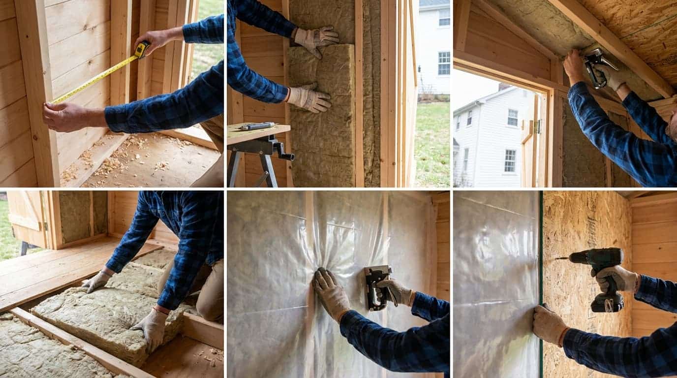 Six-panel collage showing shed insulation steps with the same man’s hands measuring, insulating walls, roof, floor, adding a vapor barrier, and fixing wall boards.