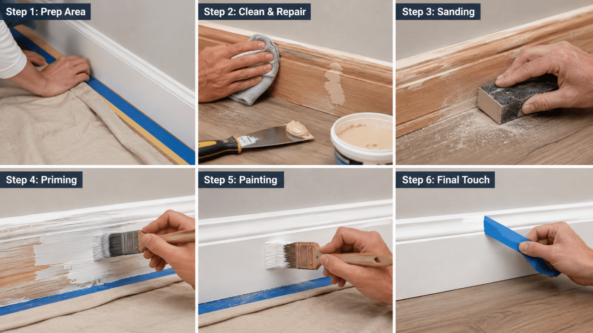 Six-panel guide showing how to paint skirting boards, from prep and sanding to priming, painting and removing painter's tape.