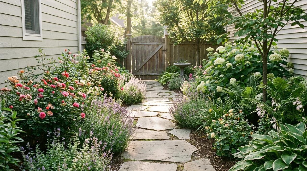 Narrow stepping stone pathway winding through greenery in a small backyard garden.