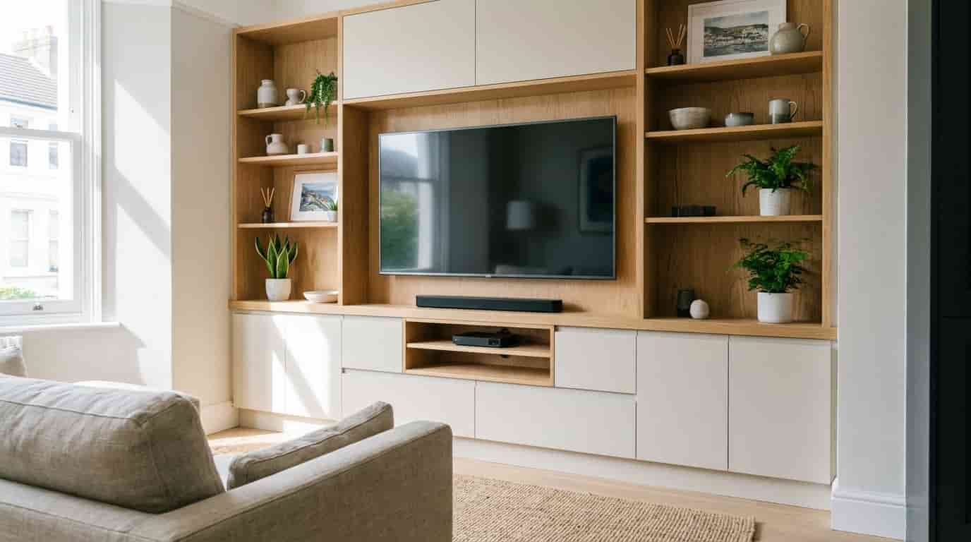 Slim media wall with shallow light-colored cabinets, recessed shelves, concealed handles, and a centered television.