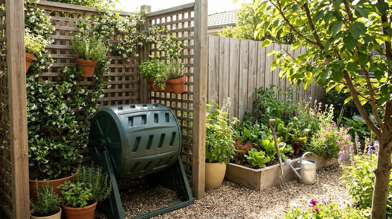 Small backyard composting corner with compost bin, climbing plants, potted herbs, and raised garden beds.