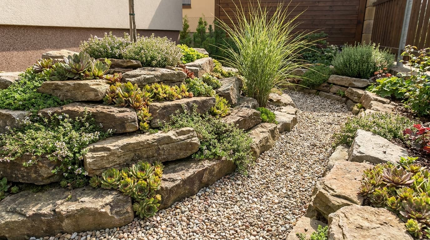 Small backyard rock garden with layered stones, gravel pathway, and compact plants creating a space-saving landscape.