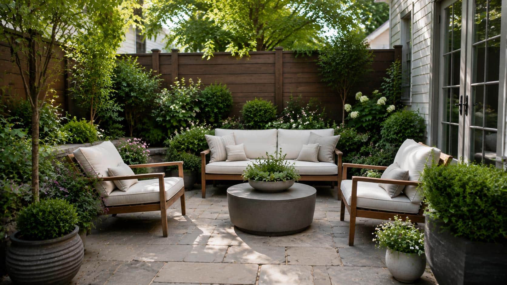Compact backyard courtyard with seating, planters, and greenery around the edges.