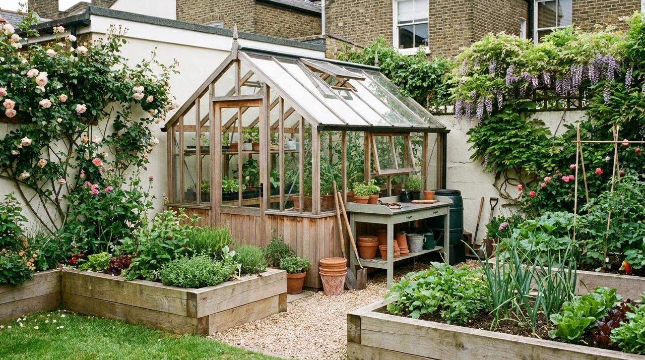Compact backyard greenhouse surrounded by plants and gardening containers.