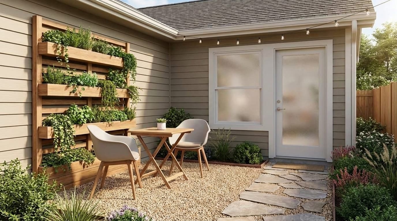 Small pea gravel patio with bistro table, chairs, and vertical garden in a compact backyard