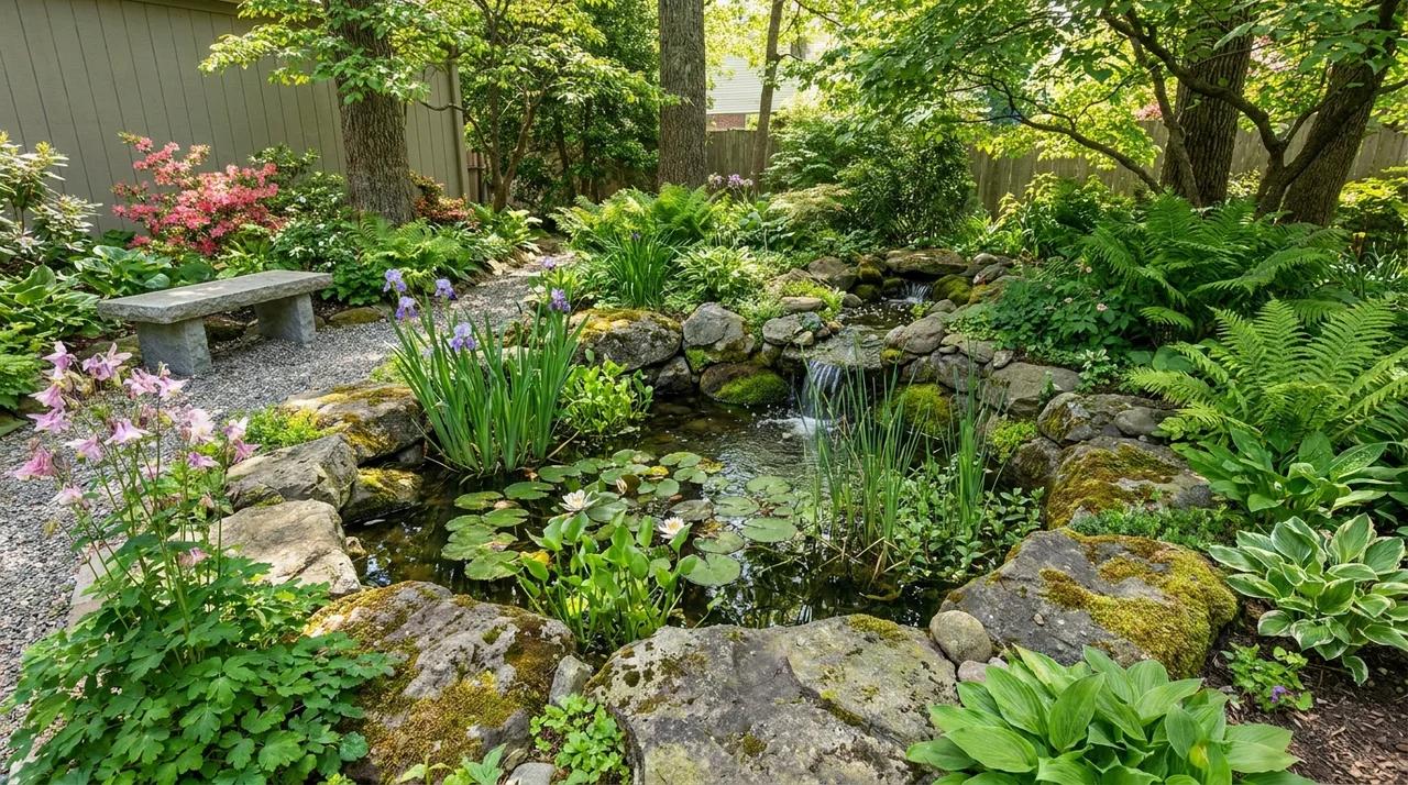 Compact backyard pond surrounded by stones and aquatic plants.