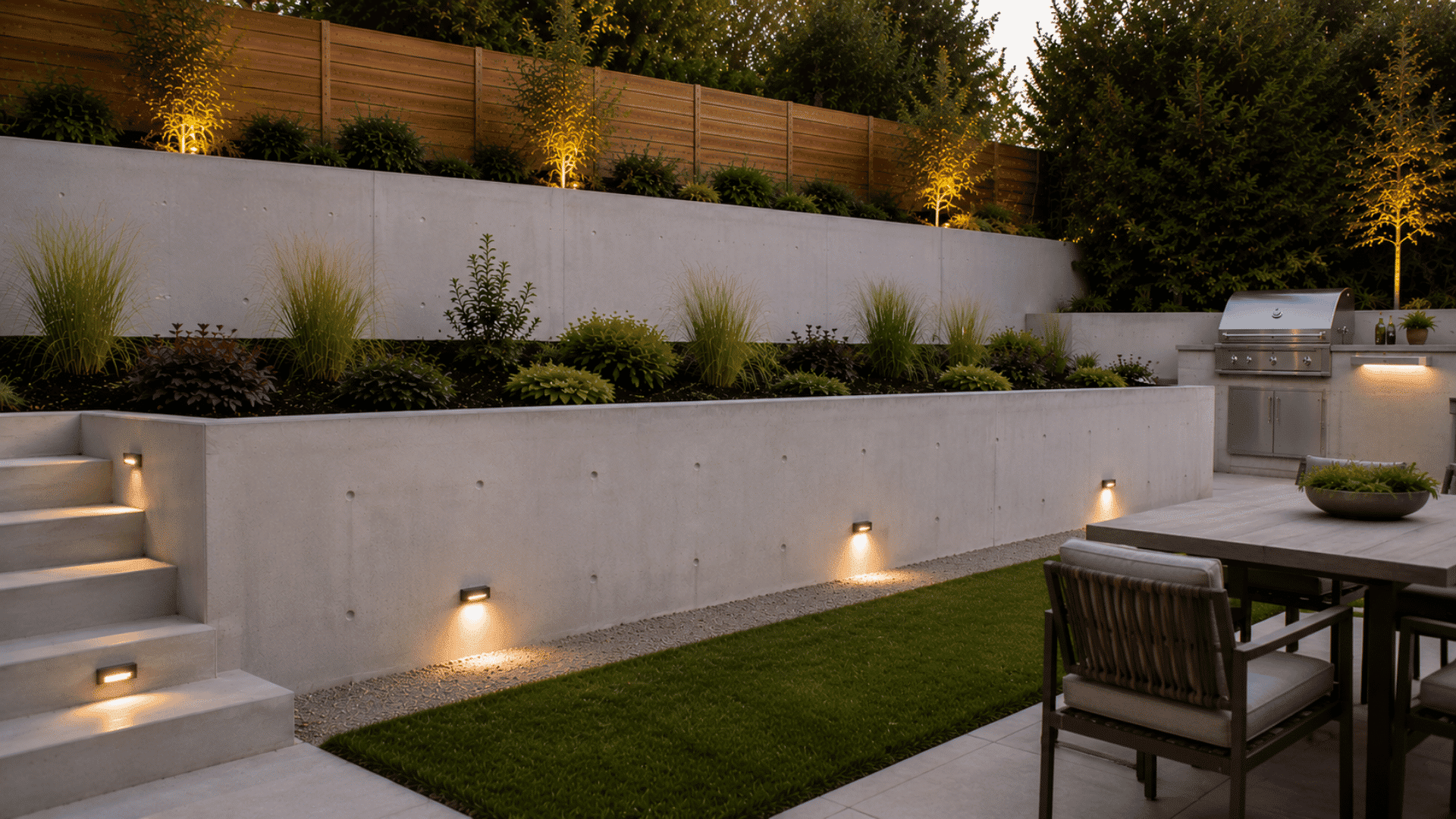 Smooth concrete retaining wall with tiered plants, lawn, outdoor lighting, dining furniture, steps, and a built-in grill area